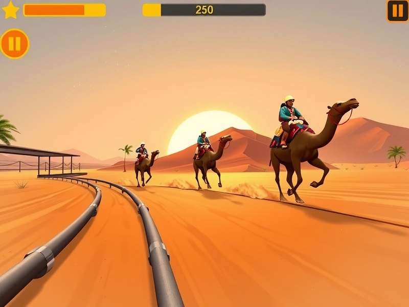 Camel Rider game screenshot showing camels racing in desert