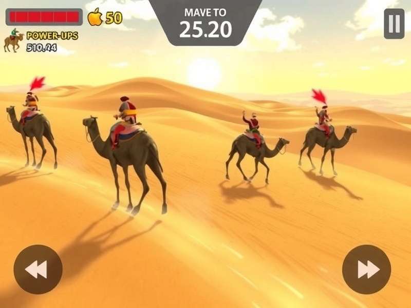 Camel Rider gameplay showing multiple camels racing with power-ups